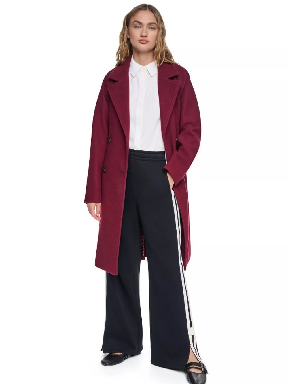 NWT DKNY Notch Collar Belted Wrap Coat Bordeaux Size XXL